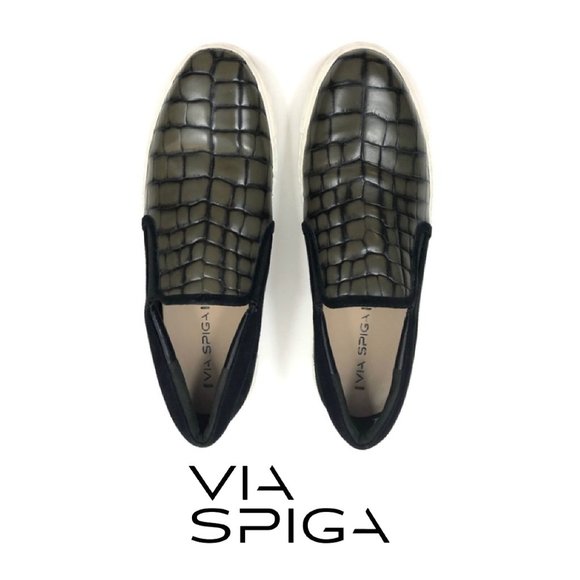 Via Spiga Black Green Leather Slip On Croc Embossed Sneaker Size 11 - Picture 1 of 6